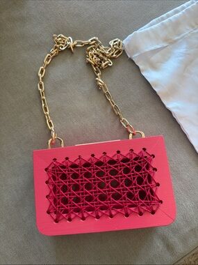Women’s Pink Crossbody Box wooden Bagwith Gold Chain purse michella davcarett
